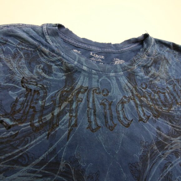 Affliction T-Shirt Large Blue Fleur De Lis READ Distressed Tiny Holes Y2K - Picture 5 of 15